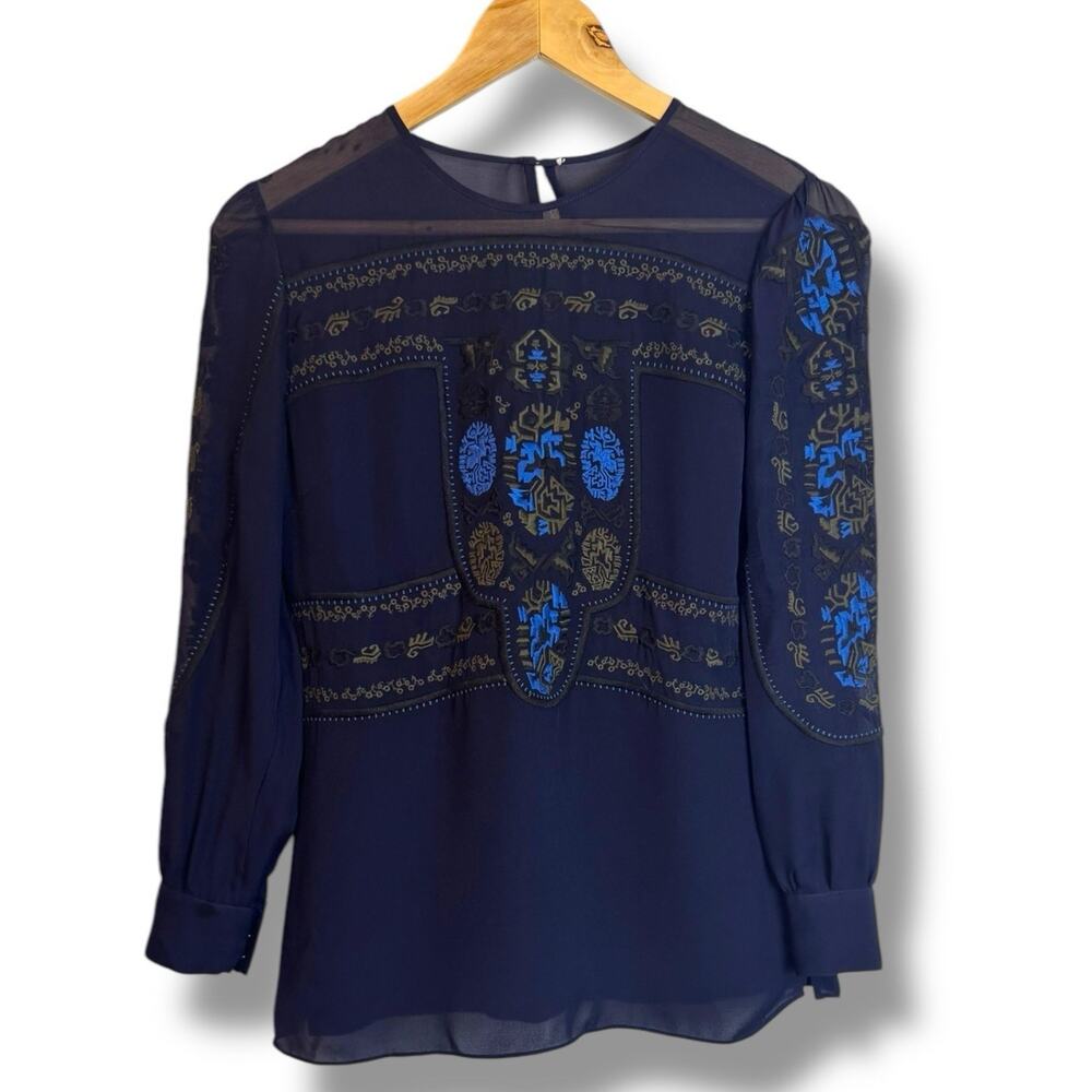 Veronica Beard Tobie Boho Elegant Embroidered Inset Silk Blouse Top Size 8 MED